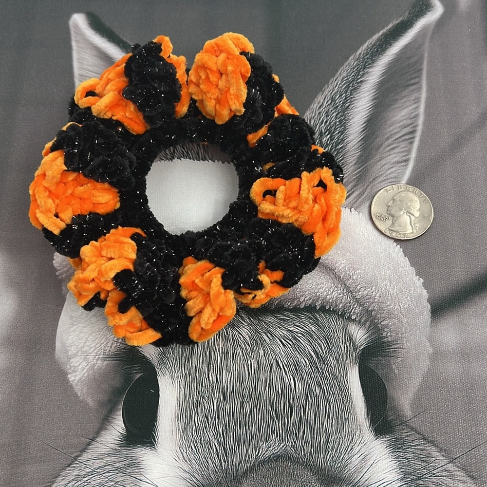 Handmade Crochet Orange and Black Sparkle  Scrunchie Set of 2 - Picture 3 of 3
